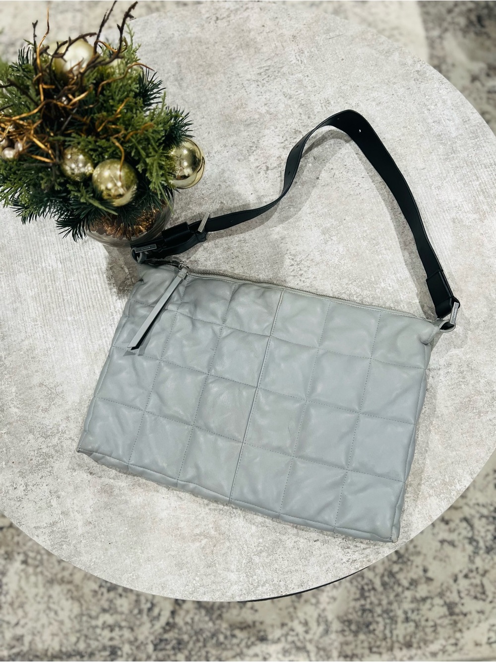 AllSaints Quilted Shoulder Bag in Light Gray with Black Strap